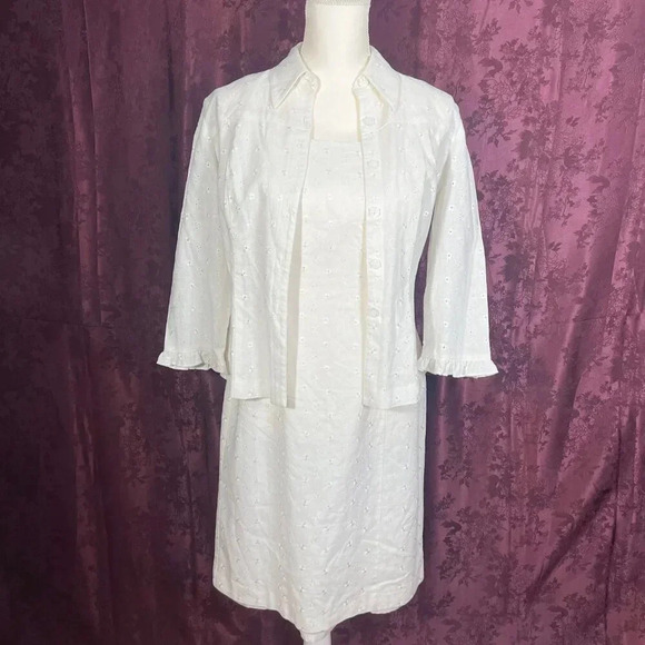Dress Barn White Linen Dress Eyelet Floral Embroidery With Cardigan Size 6 - Picture 1 of 11